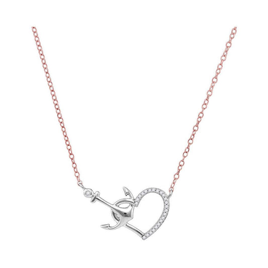 14k White Gold Round Diamond Heart Anchor Pendant Necklace 1/12 Cttw