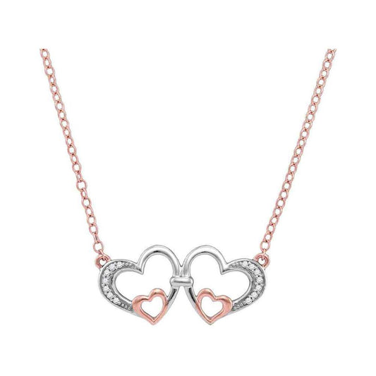 10k Rose Gold Round Diamond Double Heart Pendant Necklace 1/20 Cttw