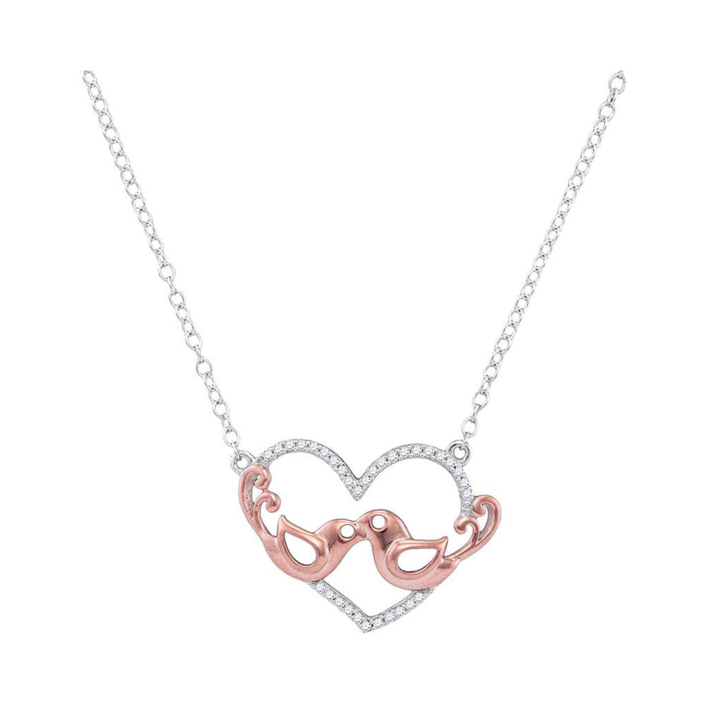 14k White Gold Diamond Heart Rose-tone Lovebirds Pendant Necklace 1/10 Cttw