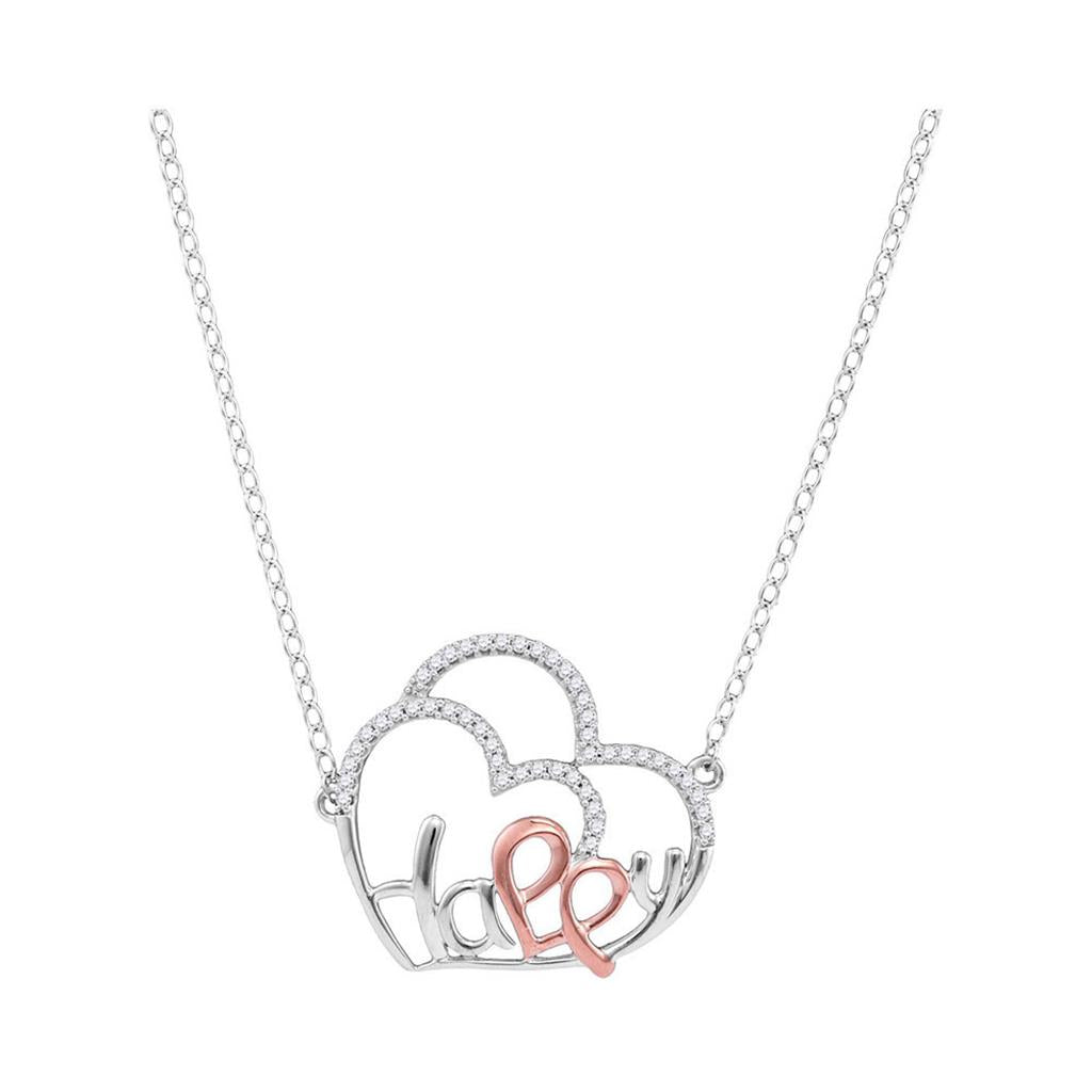 14k White Gold Round Diamond Heart Happy Pendant Necklace 1/8 Cttw