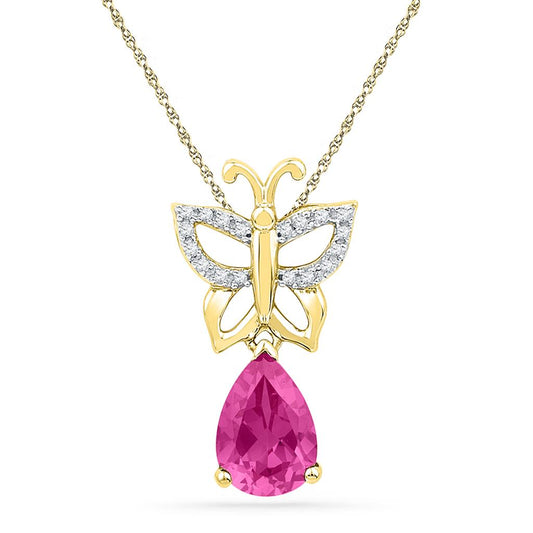 10k Yellow Gold Pear Created Pink Sapphire Butterfly Bug Pendant 2-3/4 Cttw