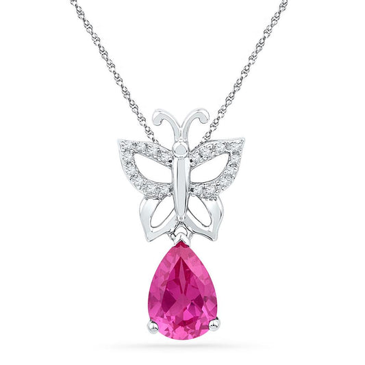 14k White Gold Pear Created Pink Sapphire Butterfly Bug Pendant 2-3/4 Cttw