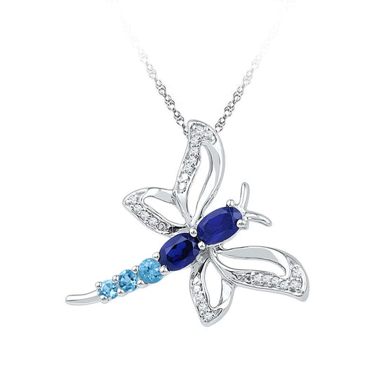 14k White Gold Oval Created Blue Sapphire Butterfly Bug Pendant 7/8 Cttw