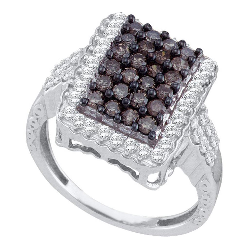 14k White Gold Round Brown Diamond Rectangle Cluster Ring 1 Cttw