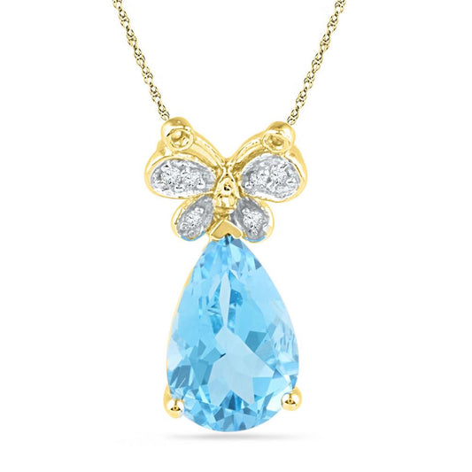 10k Yellow Gold Pear Created Blue Topaz Butterfly Diamond Pendant 2-1/2 Cttw