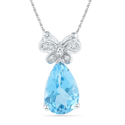 14k White Gold Pear Created Blue Topaz Butterfly Diamond Pendant 2-1/2 Cttw