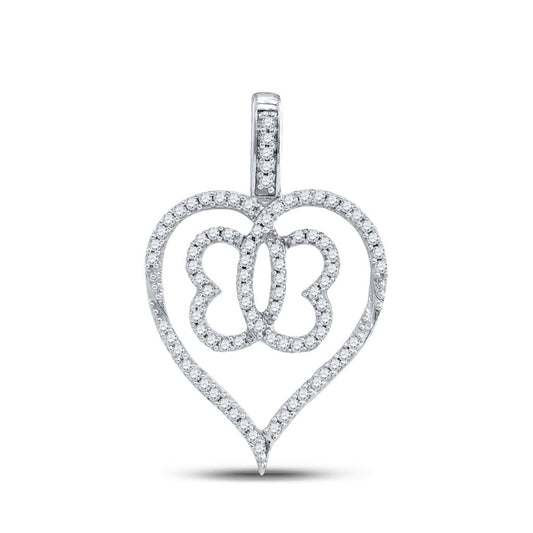 14k White Gold Round Diamond Heart Butterfly Pendant 1/3 Cttw