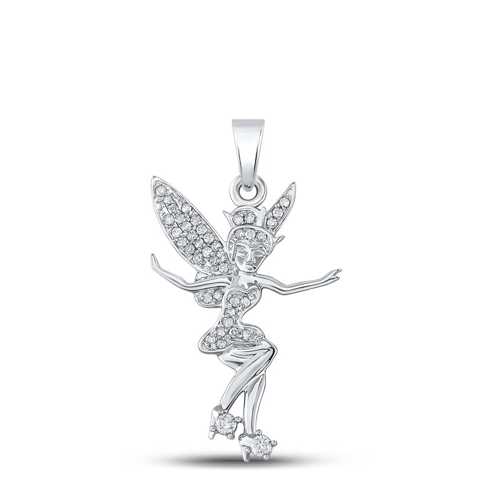 14k White Gold Round Diamond Tinkerbell Fairy Sprite Pendant 1/4 Cttw