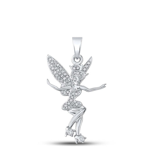 14k White Gold Round Diamond Tinkerbell Fairy Sprite Pendant 1/4 Cttw