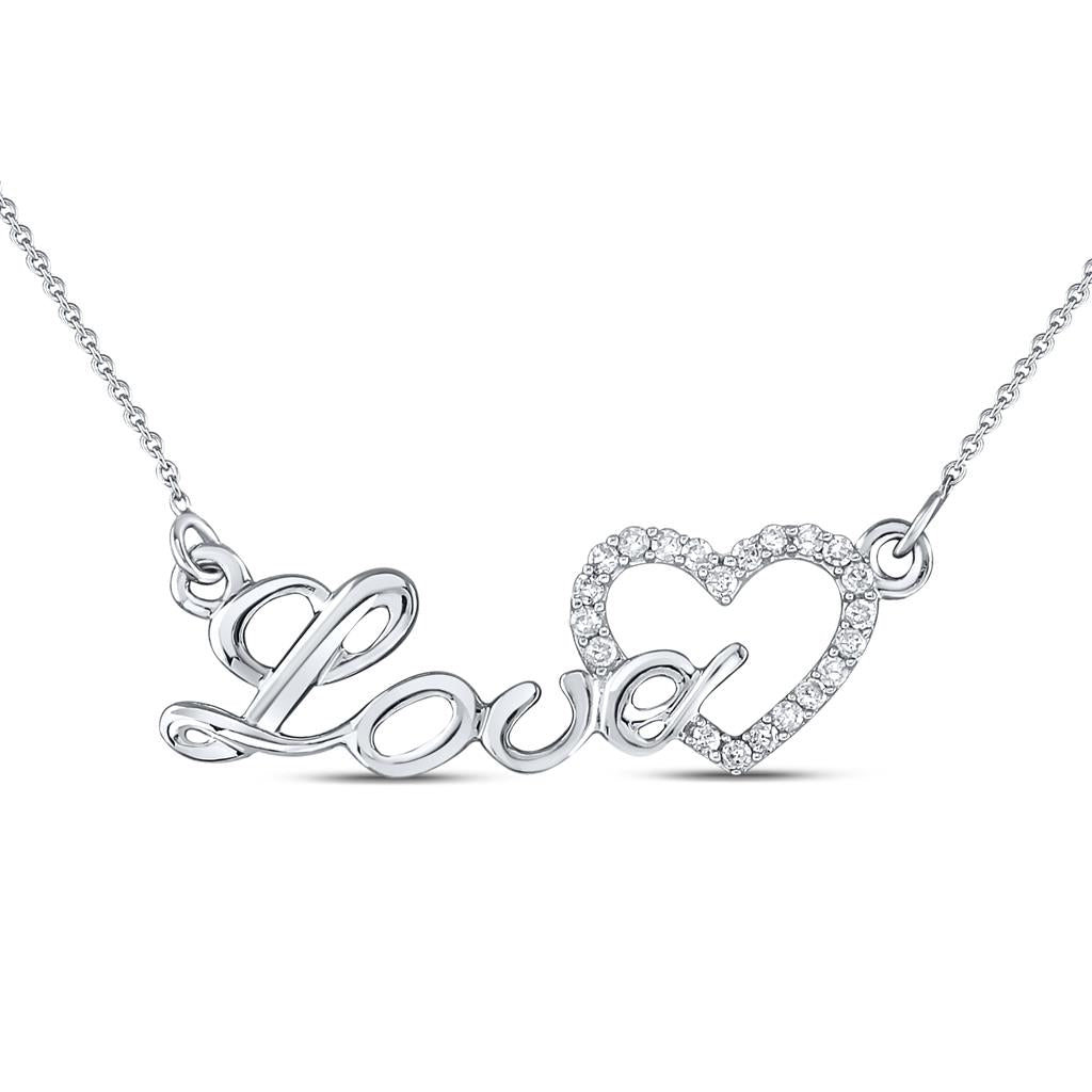 14k White Gold Round Diamond Heart Love Necklace 1/12 Cttw