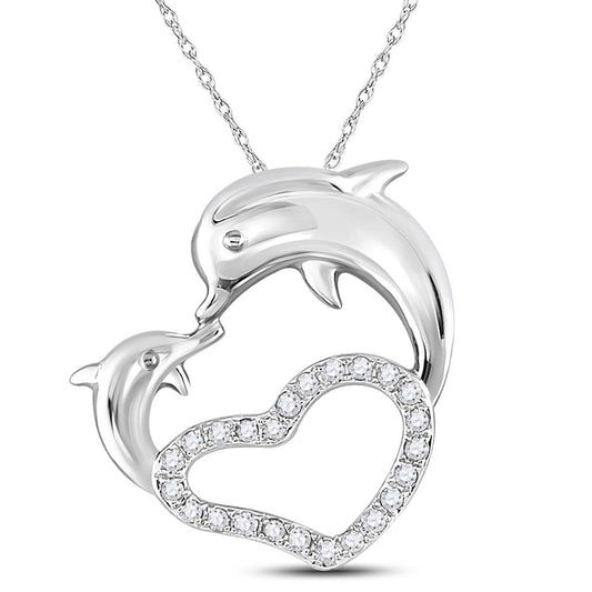 10k Yellow Gold Round Diamond Heart Dolphin Pendant 1/6 Cttw