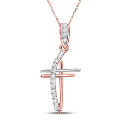 14k Rose Gold Round Diamond Double Cross Pendant 1/10 Cttw
