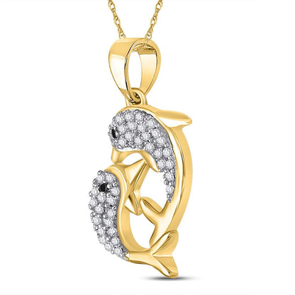 10k Yellow Gold Round Black Diamond Dolphin Pendant 1/6 Cttw