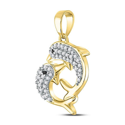 10k Yellow Gold Round Black Diamond Dolphin Pendant 1/6 Cttw