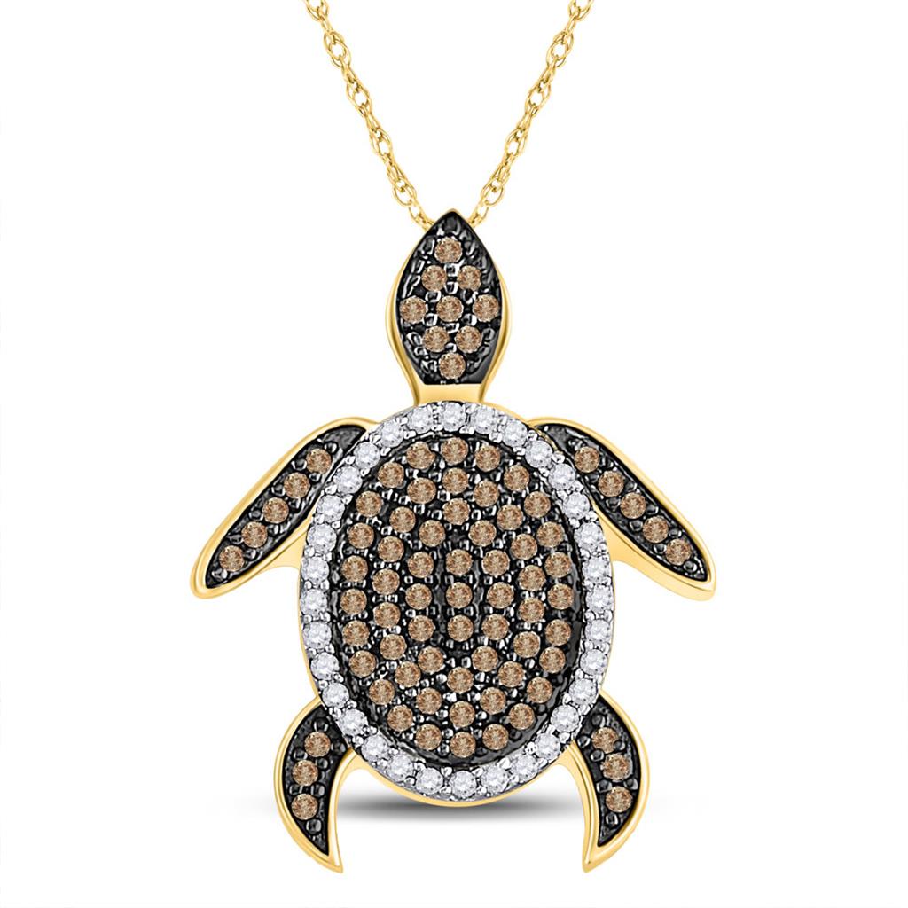 10k Yellow Gold Round Brown Diamond Sea Turtle Animal Pendant 3/8 Cttw