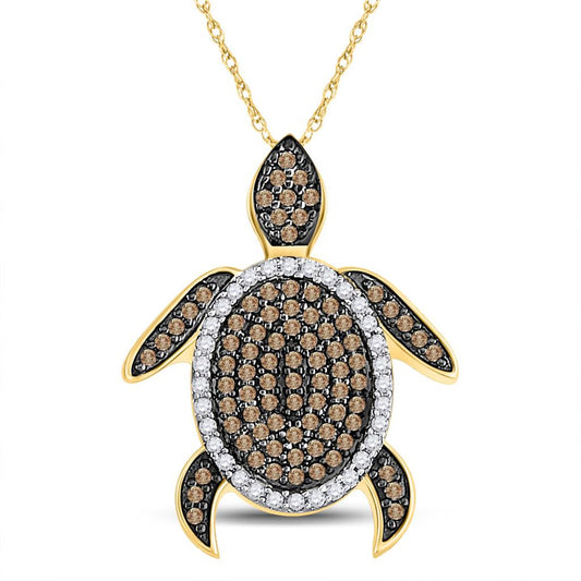 10k Yellow Gold Round Brown Diamond Sea Turtle Animal Pendant 3/8 Cttw