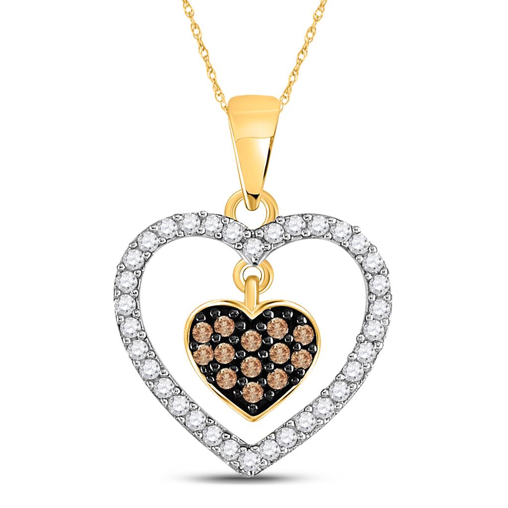 10k Yellow Gold Round Brown Diamond Nested Dangle Heart Pendant 1/3 Cttw