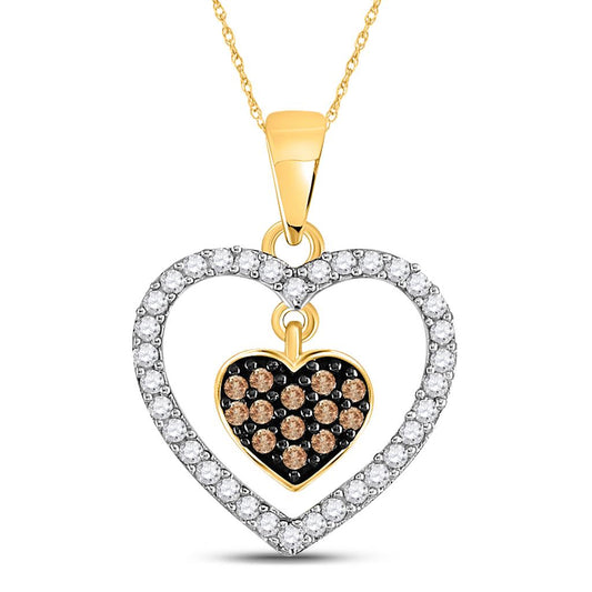 10k Yellow Gold Round Brown Diamond Nested Dangle Heart Pendant 1/3 Cttw