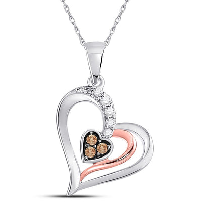 10k Two-tone Gold Round Brown Diamond Heart Pendant 1/8 Cttw