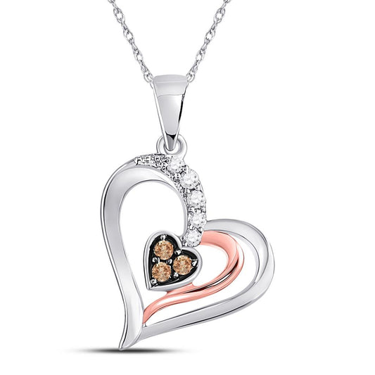 10k Two-tone Gold Round Brown Diamond Heart Pendant 1/8 Cttw
