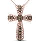 14k Rose Gold Round Brown Diamond Cross Necklace 1/3 Cttw