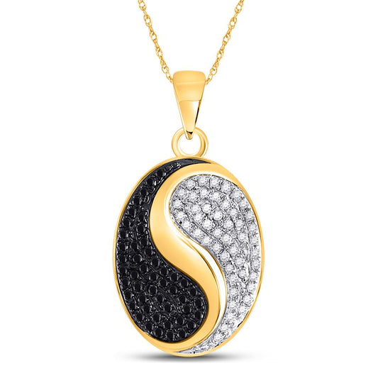 10k Yellow Gold Black Diamond Oval Yin Yang Pendant 1/3 Cttw