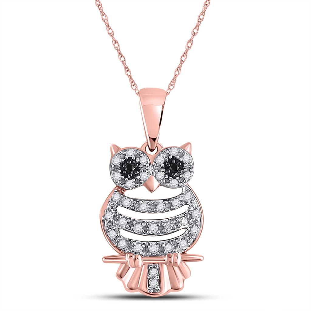 10k Rose Gold Round Black Diamond Owl Animal Pendant 1/6 Cttw