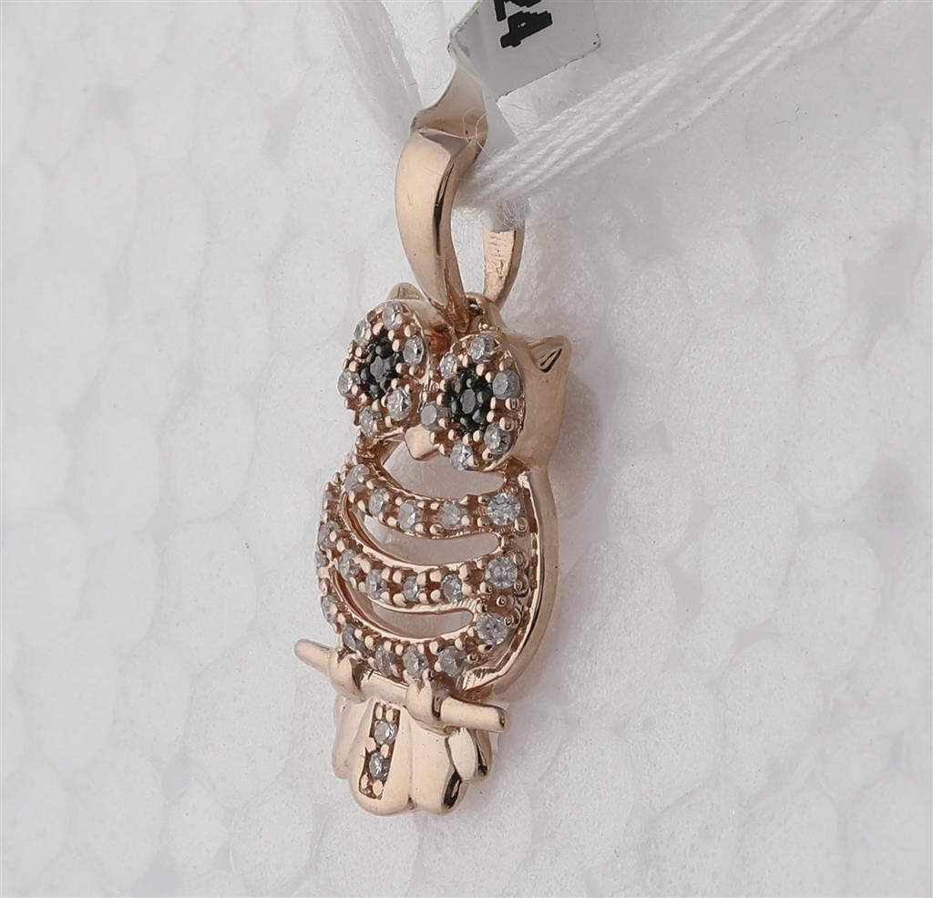 10k Rose Gold Round Black Diamond Owl Animal Pendant 1/6 Cttw