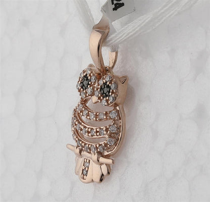 10k Rose Gold Round Black Diamond Owl Animal Pendant 1/6 Cttw