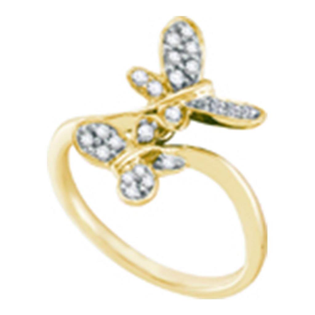 14k Yellow Gold Round Diamond Double Butterfly Bug Bypass Ring 1/4 Cttw