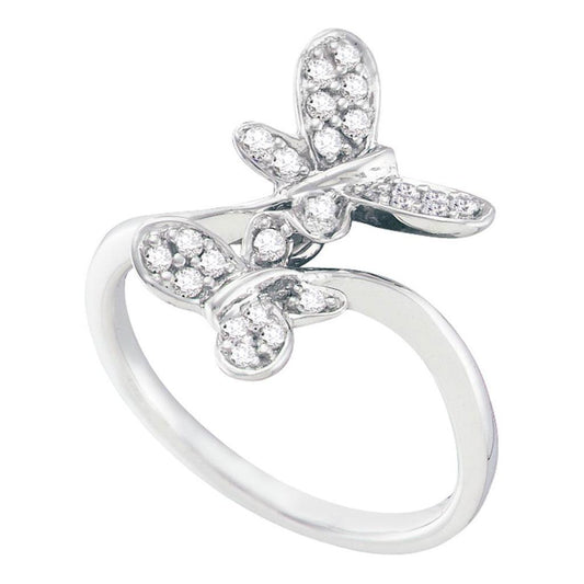 14k White Gold Round Diamond Butterfly Bug Bypass Ring 1/4 Cttw