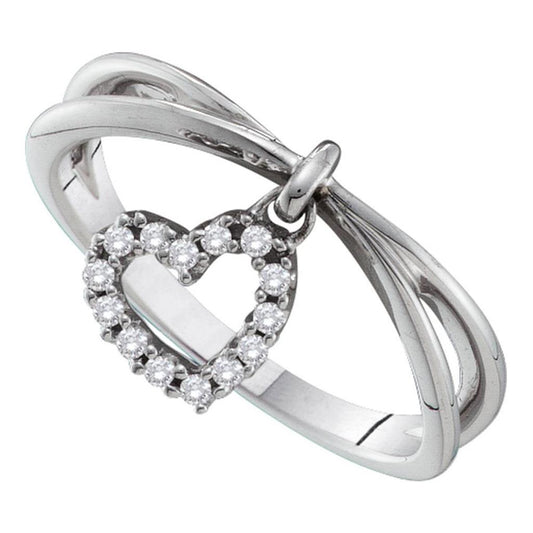 14k White Gold Round Diamond Heart Dangle Band Ring 1/10 Cttw