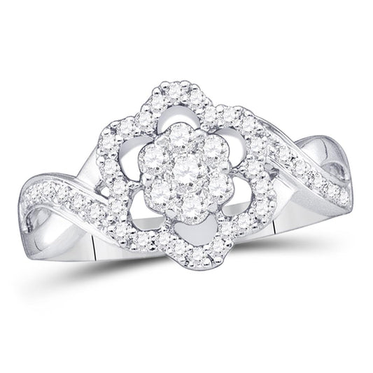 14k White Gold Round Diamond Flower Cluster Ring 1/2 Cttw