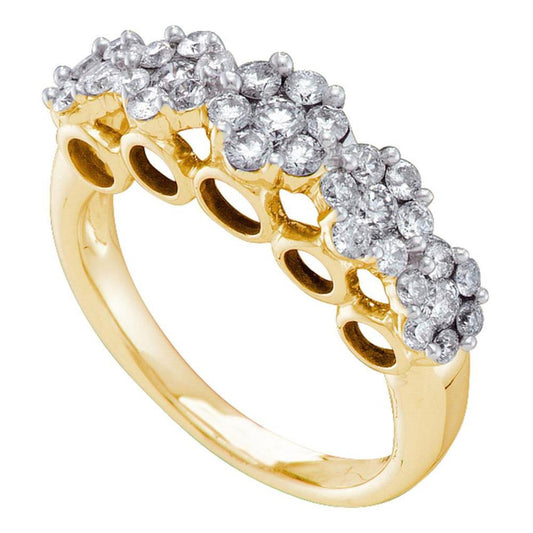 14k Yellow Gold Round Diamond Multi Flower Cluster Ring 3/4 Cttw