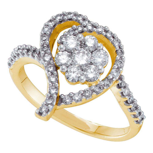 14k Yellow Gold Round Diamond Flower Cluster Heart Ring 3/4 Cttw