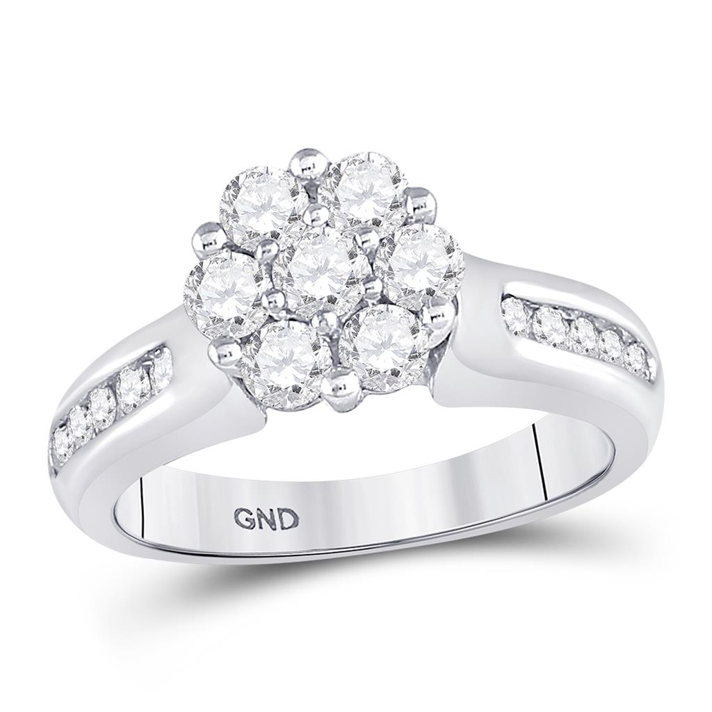 14k White Gold Round Diamond Flower Cluster Ring 1 Cttw