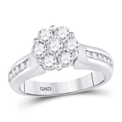 14k White Gold Round Diamond Flower Cluster Ring 1 Cttw