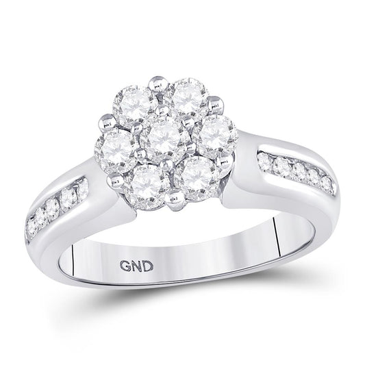 14k White Gold Round Diamond Flower Cluster Ring 1 Cttw