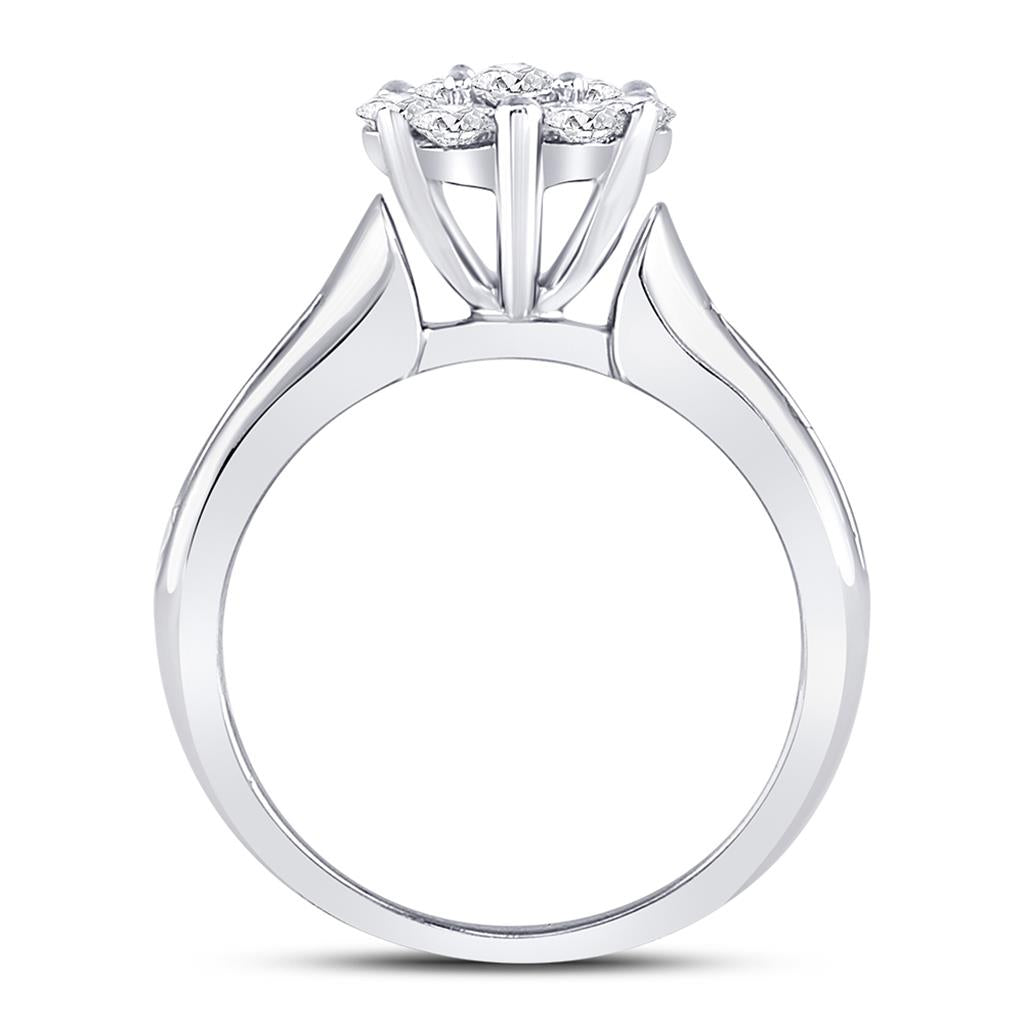 14k White Gold Round Diamond Flower Cluster Ring 1 Cttw