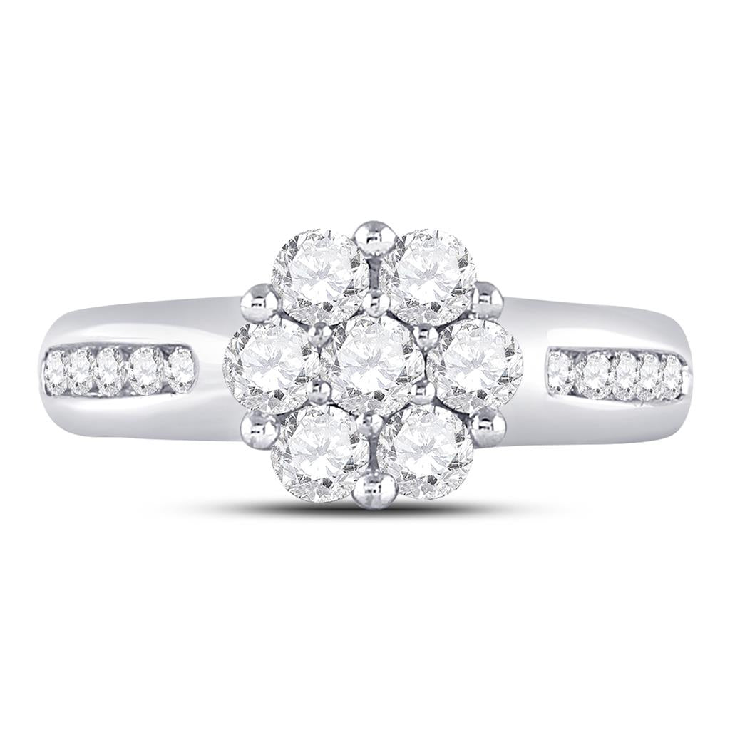 14k White Gold Round Diamond Flower Cluster Ring 1 Cttw