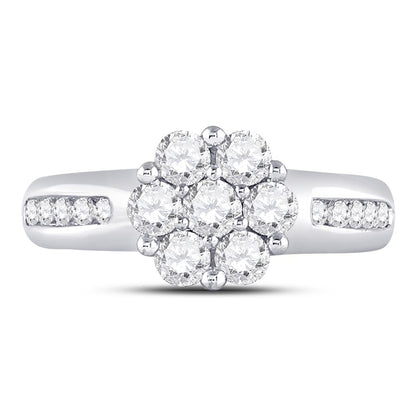 14k White Gold Round Diamond Flower Cluster Ring 1 Cttw