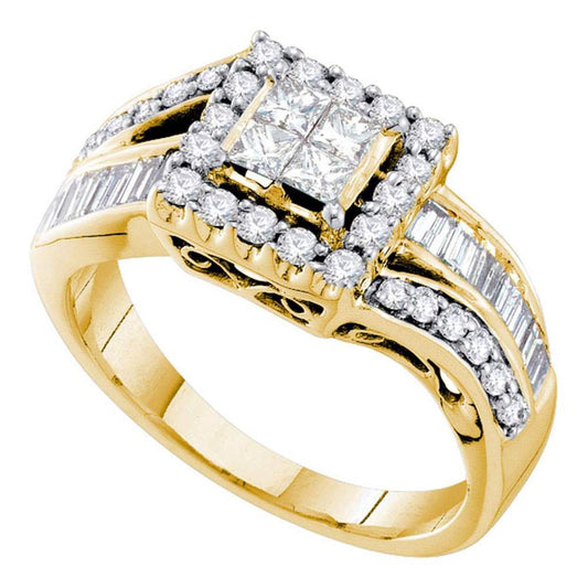 1.0 Ct. Natural Invisi-Set Princess and Round Cut Diamond Bridal Engagement Ring in Solid 14K Yellow Gold
