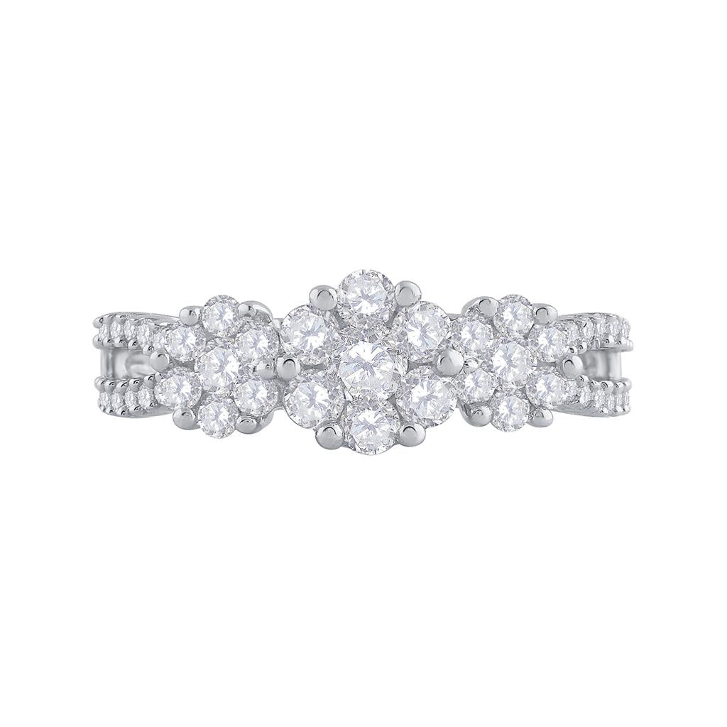 14k White Gold Round Diamond Triple Flower Cluster Ring 1 Cttw