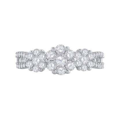 14k White Gold Round Diamond Triple Flower Cluster Ring 1 Cttw