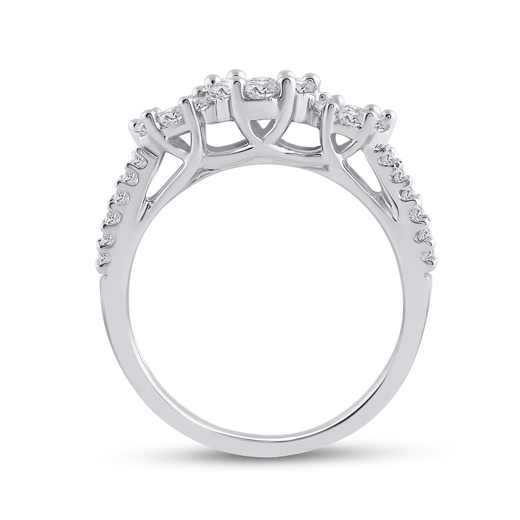 14k White Gold Round Diamond Triple Flower Cluster Ring 1 Cttw