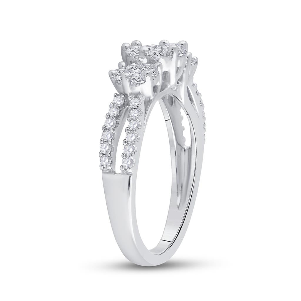 14k White Gold Round Diamond Triple Flower Cluster Ring 1 Cttw
