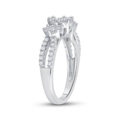 14k White Gold Round Diamond Triple Flower Cluster Ring 1 Cttw