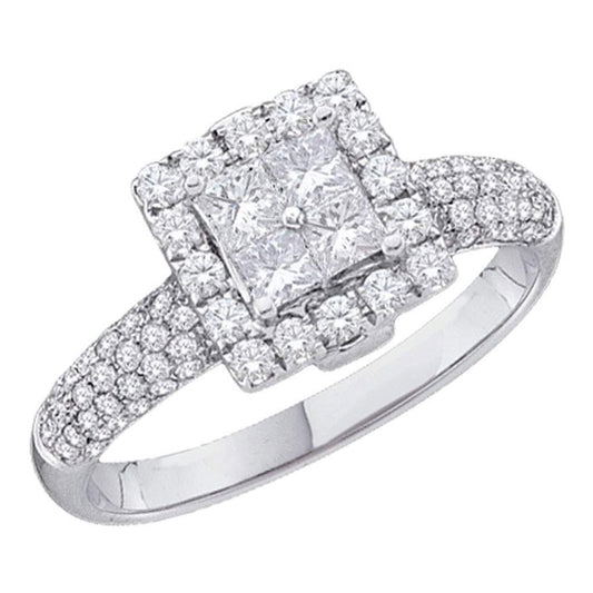 14k White Gold Princess Diamond Cluster Halo Bridal Engagement Ring 1 Cttw