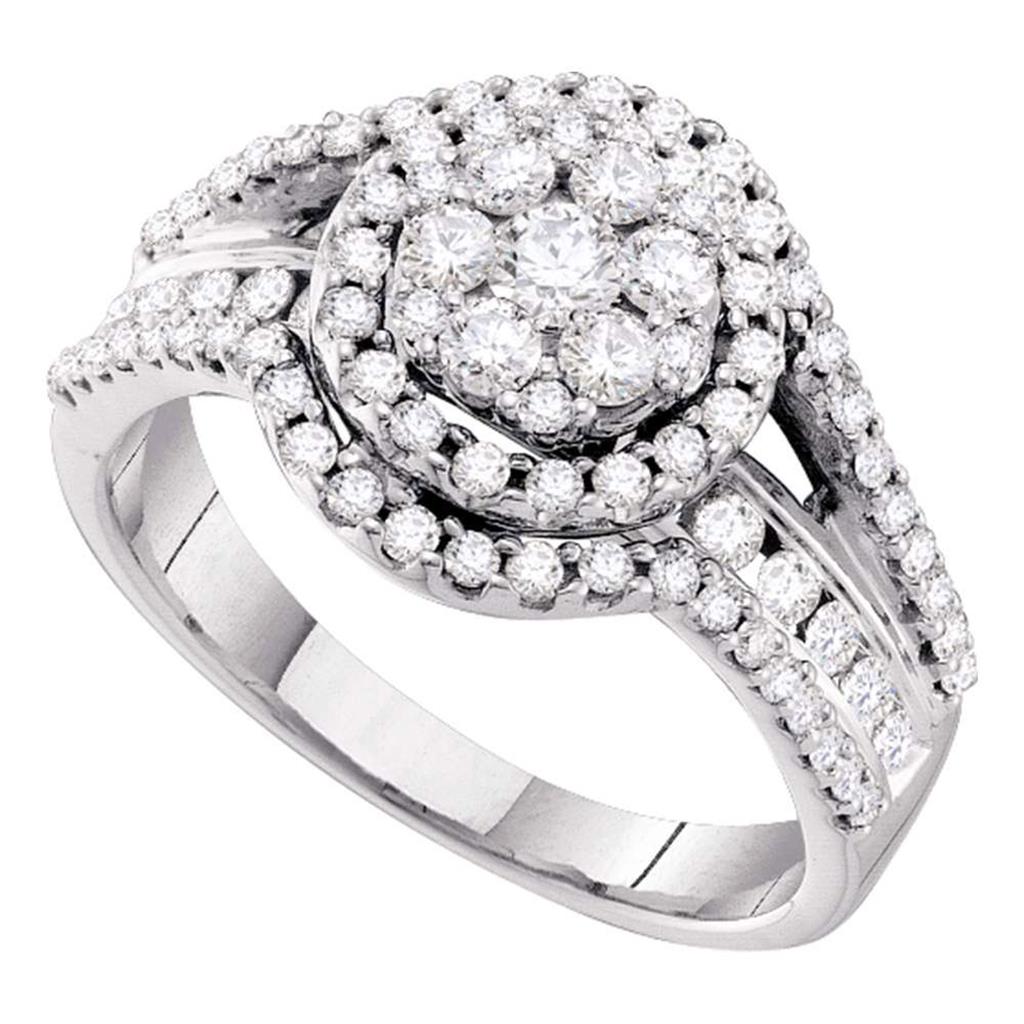 14k White Gold Round Diamond Flower Cluster Cocktail Ring 1 Cttw