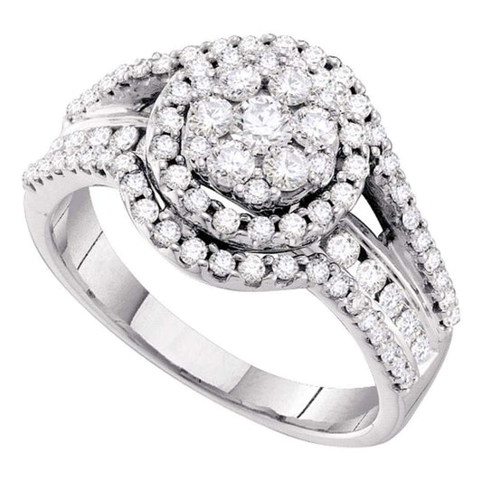 14k White Gold Round Diamond Flower Cluster Cocktail Ring 1 Cttw